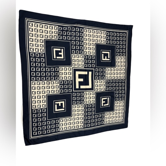 Source Unknown Accessories - Vintage Designer Inspired Silk Feel Scarf Navy Blue Zucca Square Made in Italy